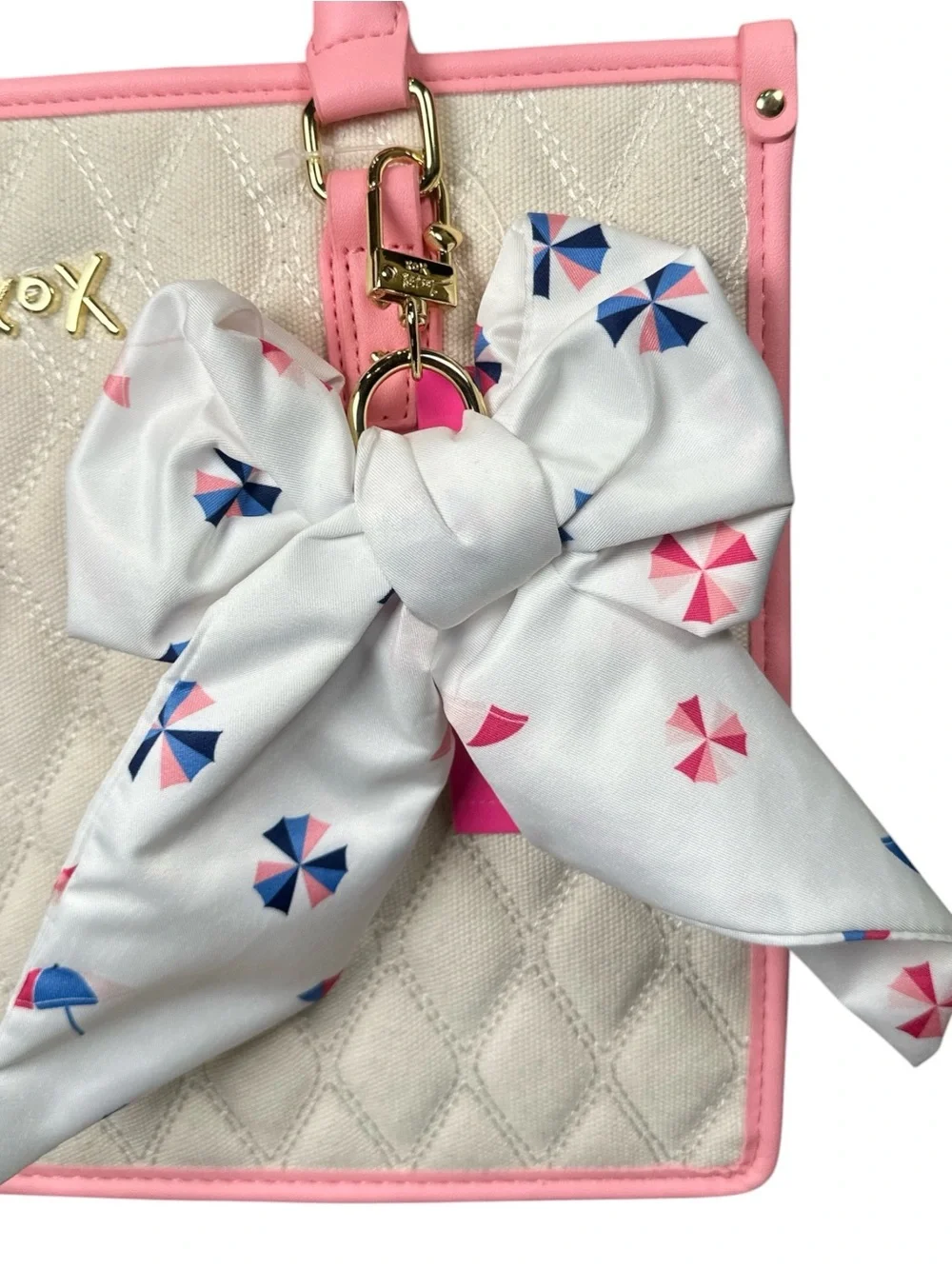 Betsey Johnson White Quilted Tote with Pink Trim and Bow Accent